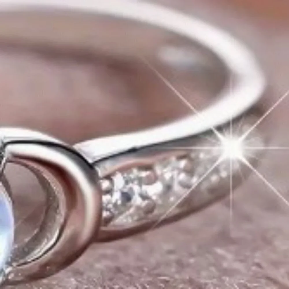 Silver-plated S925 Moonstone Ring with Star and Moon Women size 7